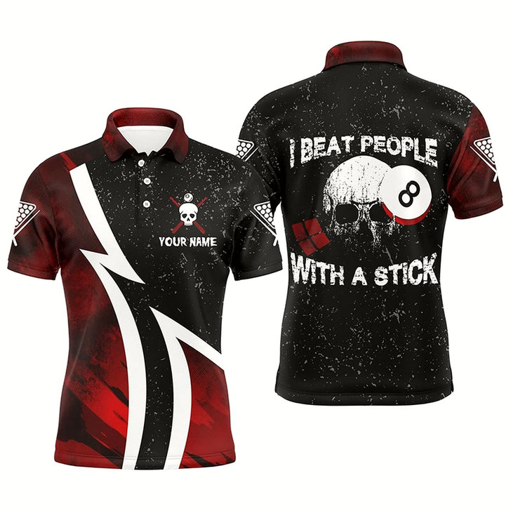 Goofygear Personalized I Beat People With A Stick 8 Ball Billiard Polo Shirts For Men, Skull Billiard Shirts