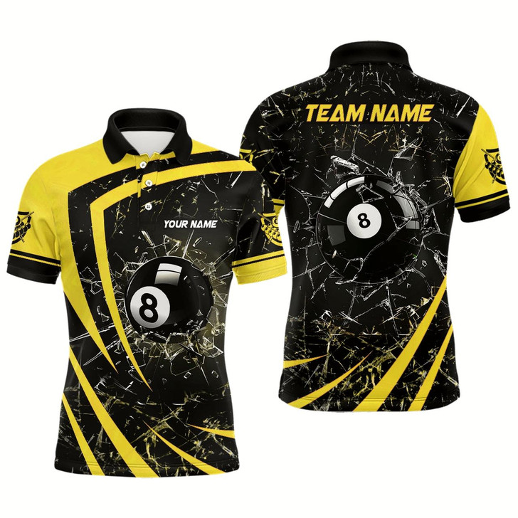 Goofygear Personalized Yellow Glass Break 8 Ball Billiard 3D Polo Shirts For Men, Custom 8 Ball Pool Jerseys