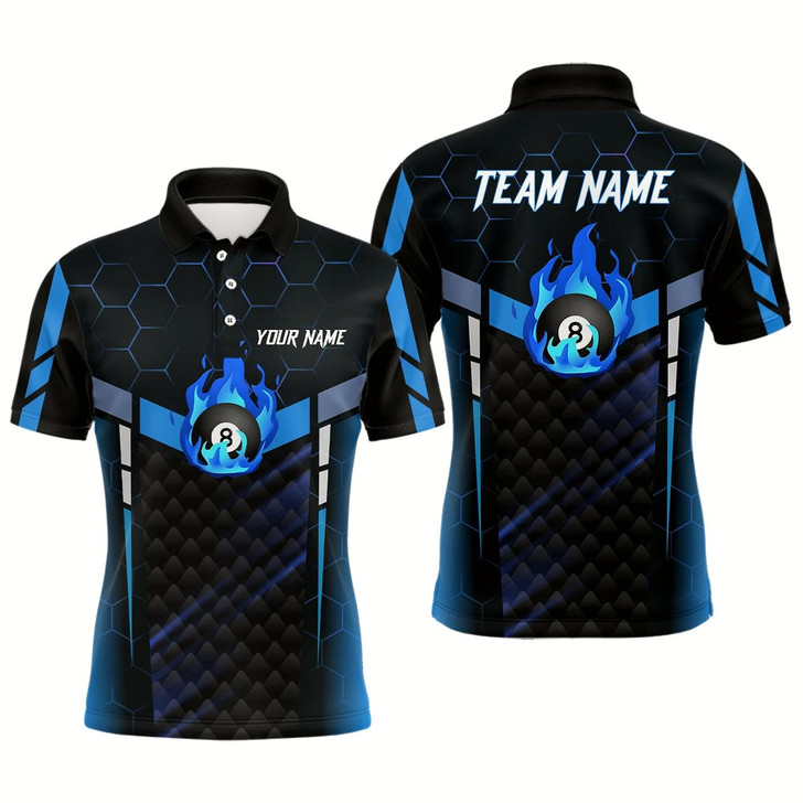 Goofygear Personalized Blue Fire 8 Ball Billiard 3D Polo Shirts For Men, Custom 8 Ball Pool Team Jerseys Style 2