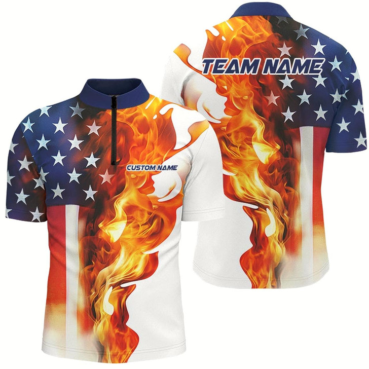 Goofygear Fire American Flag Custom Patriotic Bowling Shirts For Men, Flame Us Bowling Shirt Style 3