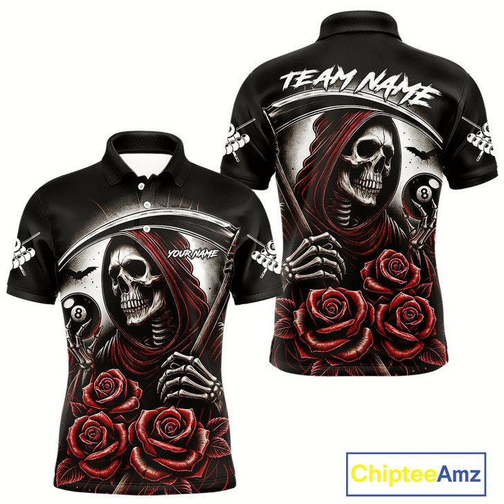 Goofygear Death Skeleton 8 Ball Pool Roses Billiard Shirt For Men Custom Funny Pool Team Shirt Design Red