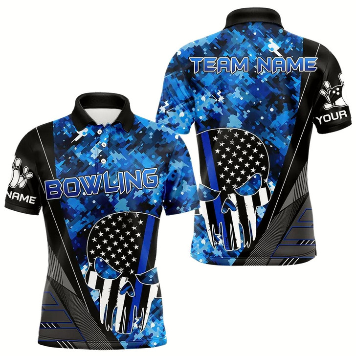 Goofygear Black And White American Flag Skull Blue Camo Bowling Shirts For Men Custom Team Bowling Jerseys