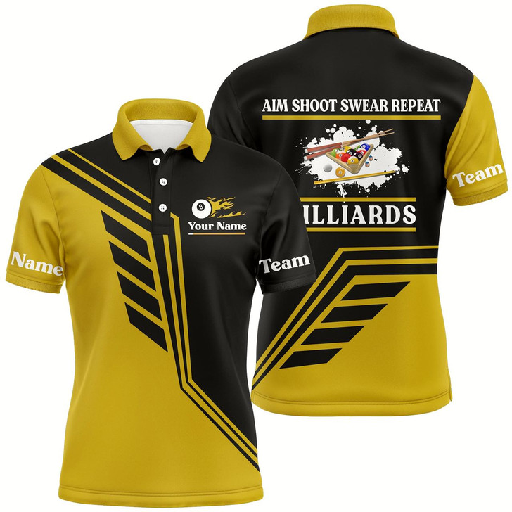 Goofygear Personalized Aim Shoot Swear Repeat Billiard Polo Shirts For Men, Yellow Black Billiard Jerseys