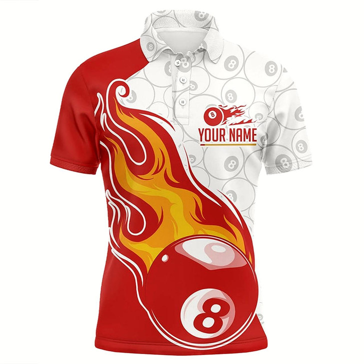 Goofygear Personalized 8 Ball Flame Billiard White Red 3D Polo Shirts For Men, Custom 8 Ball Pool Shirts