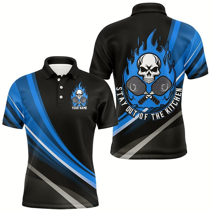 Goofygear Custom Skull Men'S Pickleball Polo Shirts, "Stay Out Of The Kitchen" Pickleball Attire Blue