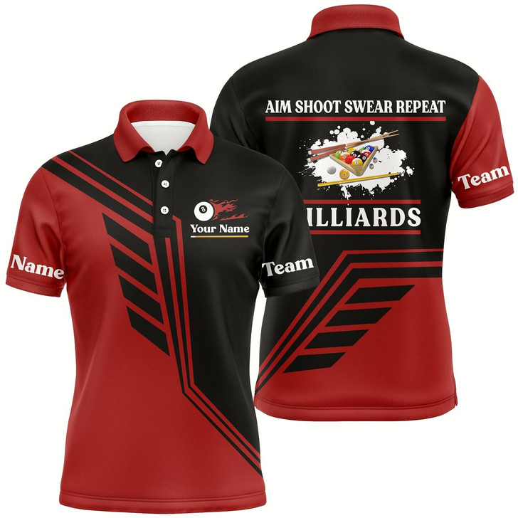Goofygear Personalized Aim Shoot Swear Repeat Billiard Polo Shirts For Men, Custom Red Black Billiard Jerseys