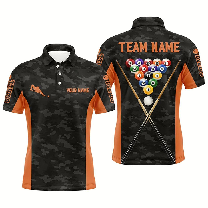 Goofygear Personalized Orange Grey Camouflage 8 Ball Billiard 3D Polo Shirts For Men, Custom Billiards Jerseys