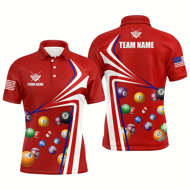 Goofygear Personalized Us Flag Billiard Balls Red 3D Polo Shirts For Men, Custom 8 Ball Pool Jerseys