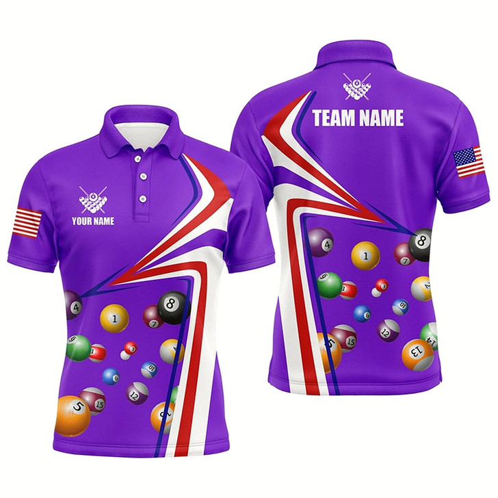 Goofygear Personalized Us Flag Billiard Balls Purple 3D Polo Shirts For Men, Custom 8 Ball Pool Jerseys