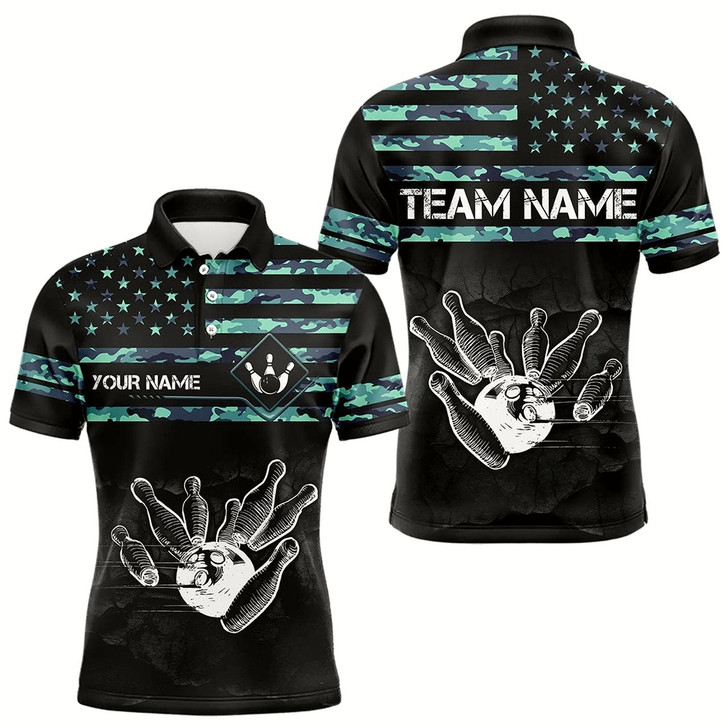 Goofygear Personalized Turquoise Camo American Flag Custom Bowling Team Shirts For Mens, Bowling League Jersey