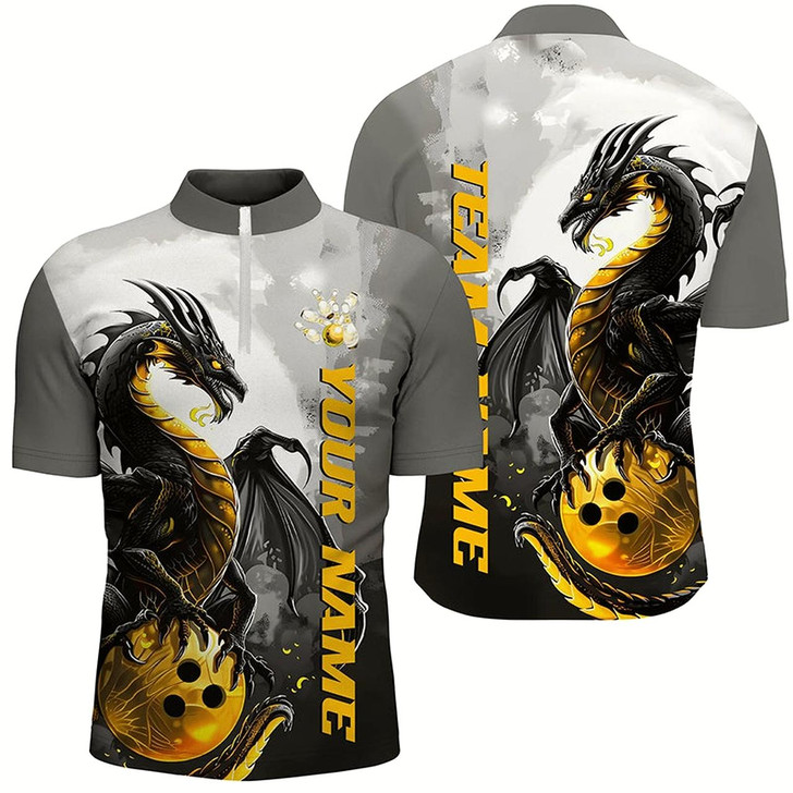 Goofygear Black And Gold Custom Dragon Bowling Shirts For Men, Dragon Bowling Team Shirts Style 4
