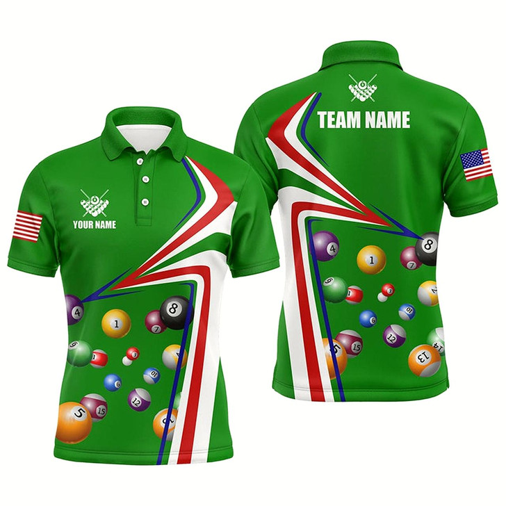 Goofygear Personalized Us Flag Billiard Balls Green 3D Polo Shirts For Men, Custom 8 Ball Pool Jerseys