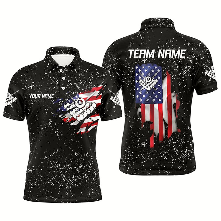 Goofygear Personalzied Us Flag 8 Ball Pool Black Grunge 3D Polo Shirts For Men, Custom Billiards Jerseys