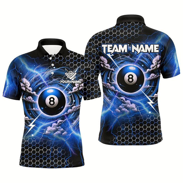 Goofygear Funny Storm Thunder 8 Ball Pool Custom Billiard Shirts For Men, 8 Ball Shirt Billiard Jersey Blue