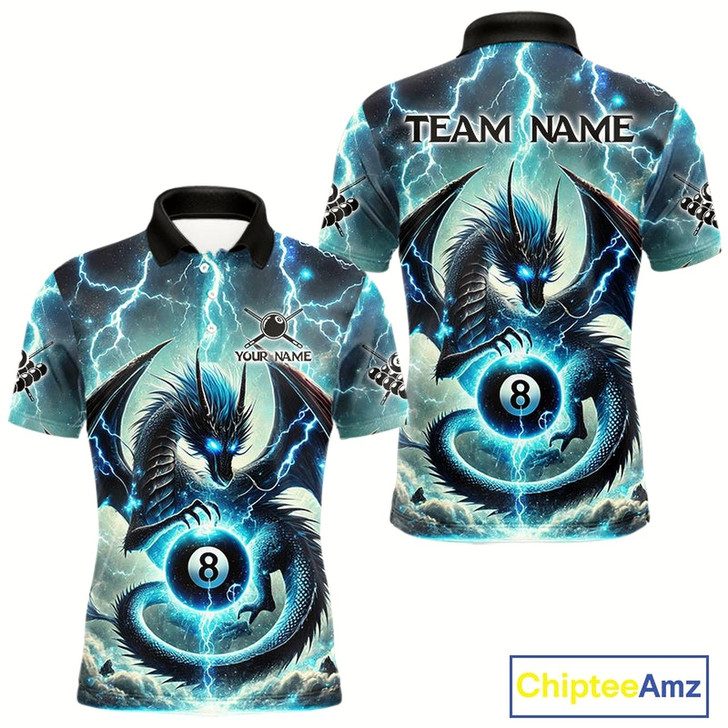 Goofygear Personalized Thunder Lightning Dragon Billiard Shirt For Men, Blue 8 Ball Pool Team Jersey