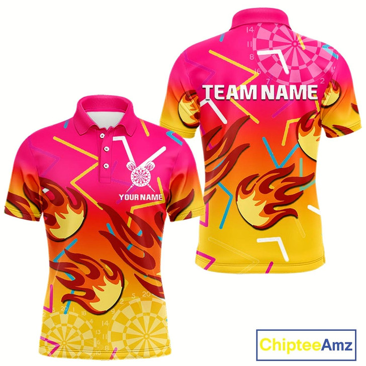 Goofygear Flames In Vibrant Pink & Yellow Darts Funny Shirt For Men - Custom Team Name