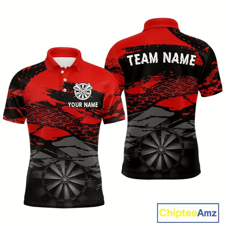 Goofygear Personalized Dart Shirt For Men Red Grunge Texture & Black Dartboard, Darts Jersey
