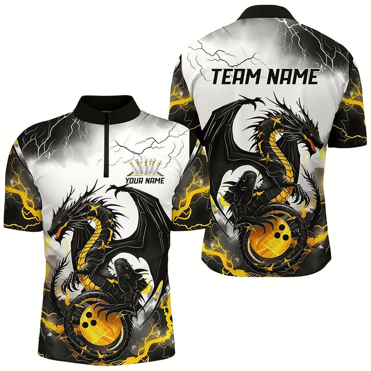Goofygear Black And Gold Thunder Lightning Custom Dragon Bowling Shirts For Men, Bowling League Shirts