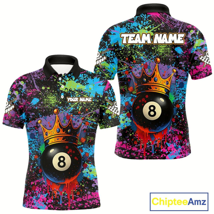 Goofygear Funny 8 Ball Crown Colorful Paint Splash Custom Billiard Shirt For Men, Billiard Team Jerseys