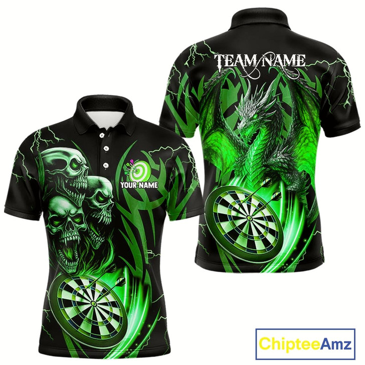 Goofygear Personalized Skull & Dragon Darts Shirt For Men Custom Lightning Dartboard Team Jersey Green
