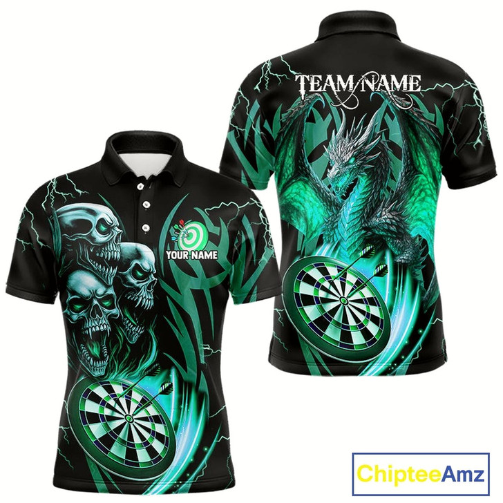 Goofygear Personalized Skull & Dragon Darts Shirt For Men Custom Lightning Dartboard Team Jersey Turquoise
