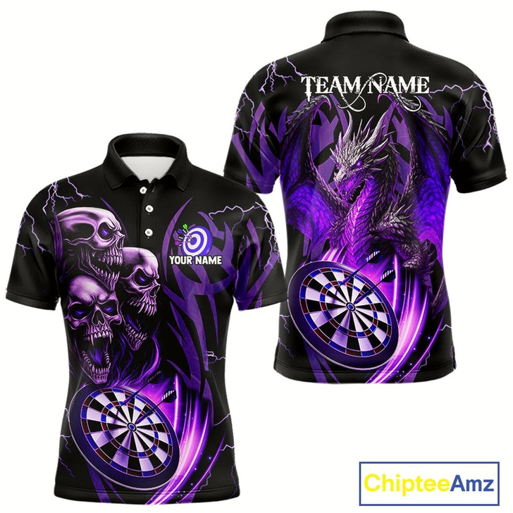 Goofygear Personalized Skull & Dragon Darts Shirt For Men Custom Lightning Dartboard Team Jersey Purple