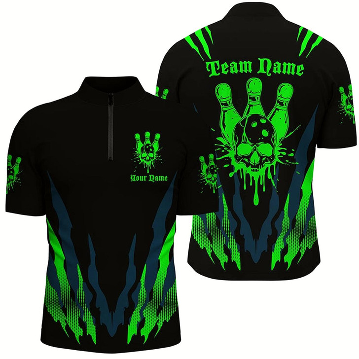 Goofygear Custom Bowling Shirts For Men , Skull Bowling Team Shirts Bowling Pin Green