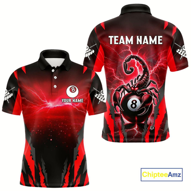 Goofygear Personalized Thunder Lightning Scorpion Billiard Shirt For Men, 8 Ball Billiard Team Jerseys Red