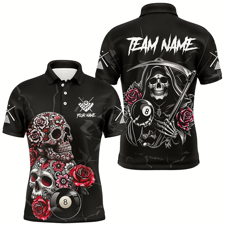 Goofygear Personalized Red Funny Skull Roses 8 Ball Billiard Shirts For Men Custom Pool Team Shirts Designs