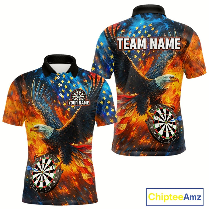 Goofygear Personalized Orange Flaming Us Flag Eagle Darts Shirt For Men, Patriotic Darts Team Jerseys Style 2
