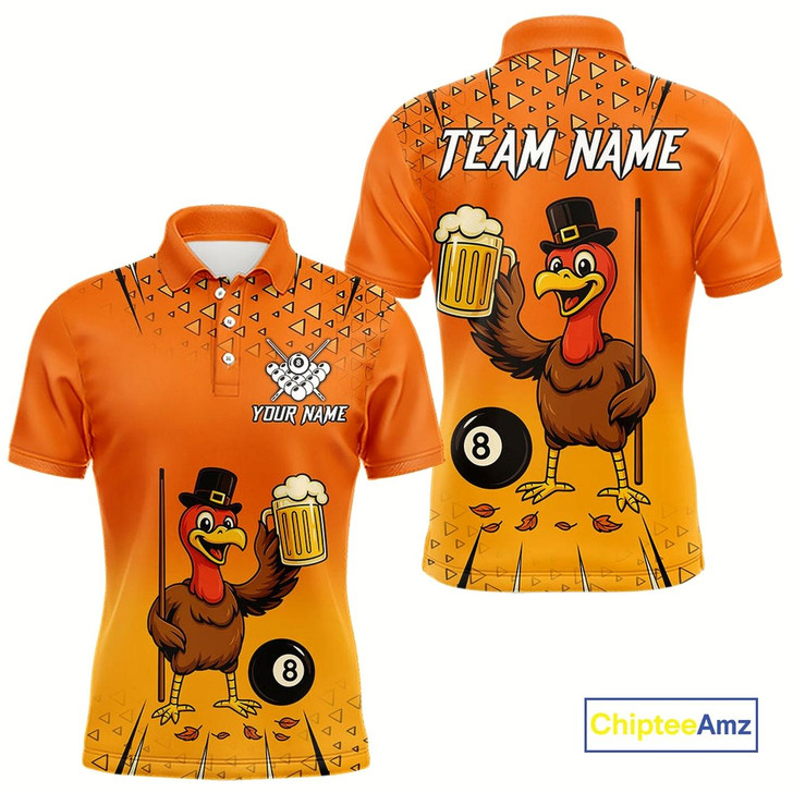 Goofygear Orange Funny Turkey 8 Ball Pool Billiard Shirt For Men Custom Thanksgiving Billiard Jersey