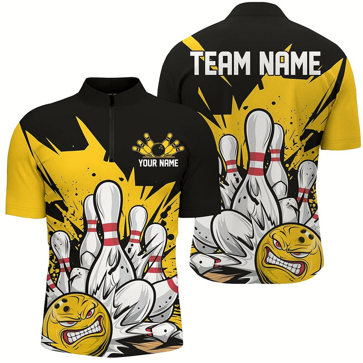 Goofygear Black And Yellow Custom Funny Bowling Shirts For Men, Angry Bowling Ball Bowling Team Uniform