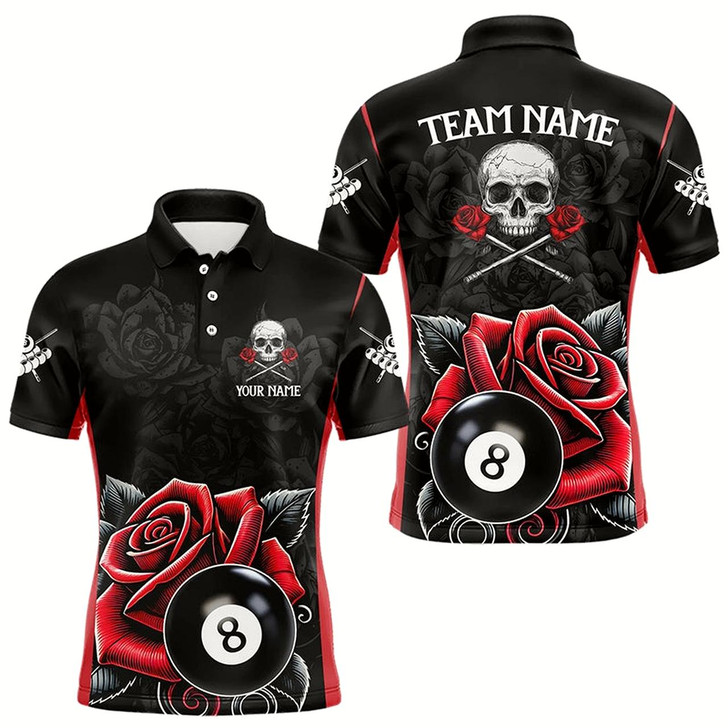 Goofygear Black And Red 8 Ball Pool And Roses Custom Skull Billiard Shirts For Men, Unique Billiard Jerseys
