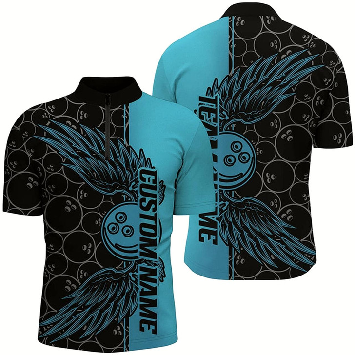 Goofygear Black And Teal Blue Custom Bowling Ball And Wings Bowling Shirts For Men, Bowling Team Uniform