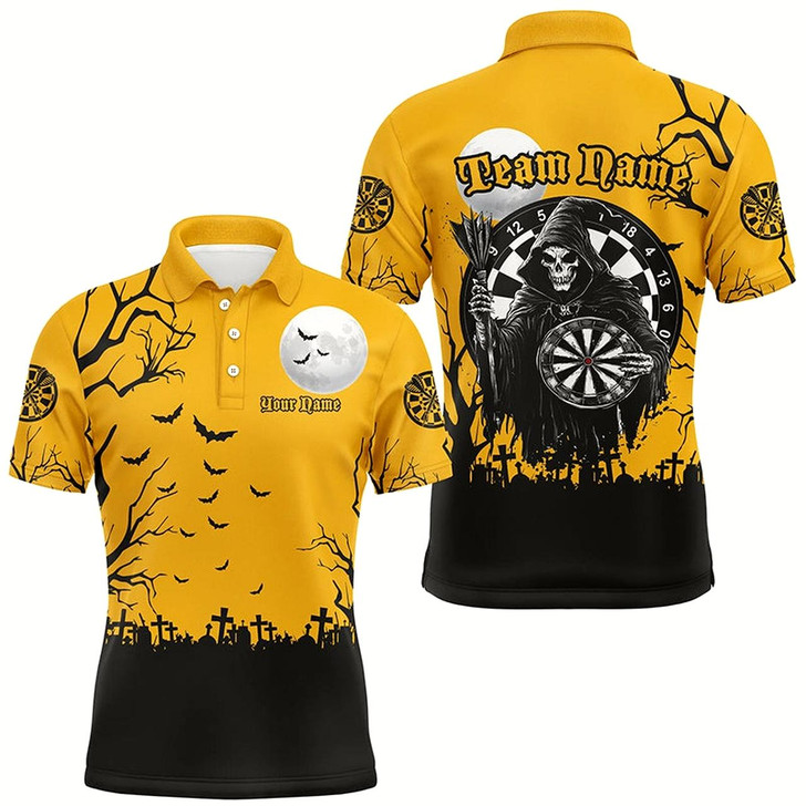 Goofygear Personalized Halloween Darts Shirts For Men, Funny Death Skeleton Orange Black Darts Jerseys