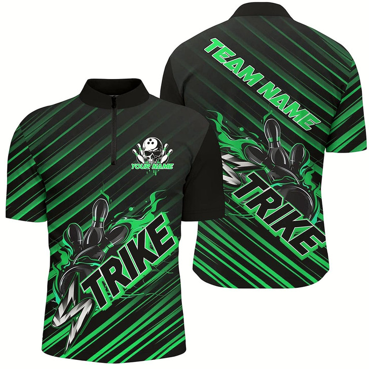 Goofygear Custom Black And Green Flame Strike Bowling Shirts For Men, Bowling League Bowling Uniform