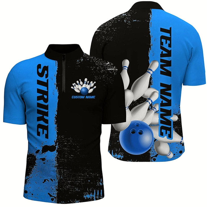 Goofygear Black And Blue Strike Bowling Team Shirts For Men , Custom Bowling Jerseys For Bowlers Style 3
