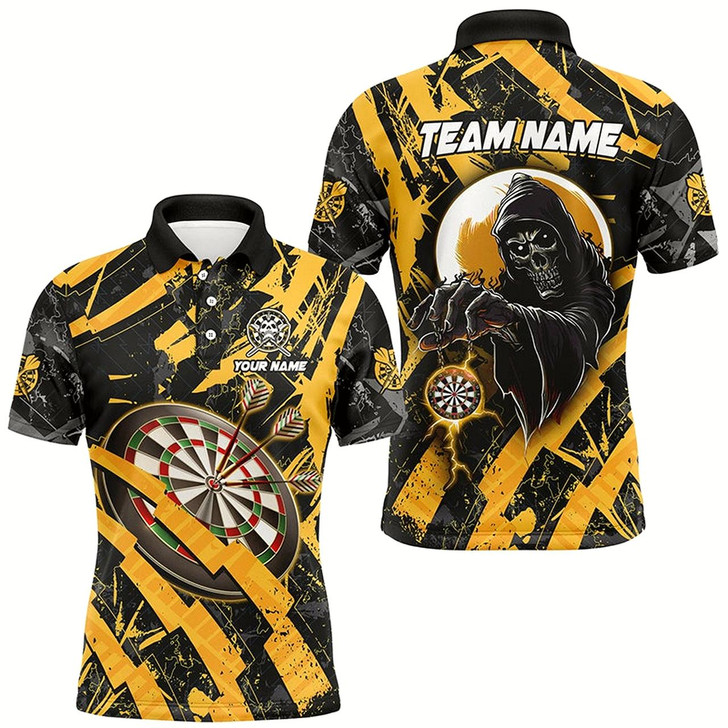 Goofygear Personalized Grunge Yellow Dartboard Skeleton Darts Shirts For Men Custom Cool Darts Team Jerseys
