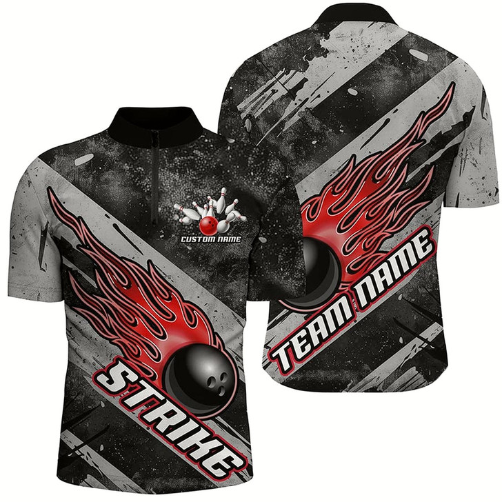 Goofygear Black And Red Flame Bowling Ball Custom Team Shirts For Men , Tournament Team Jerseys