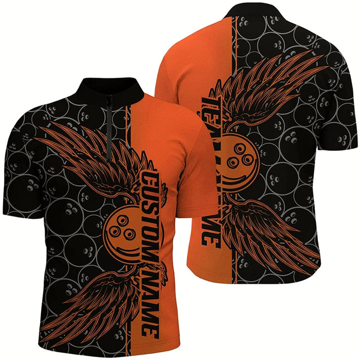 Goofygear Black And Orange Custom Bowling Ball And Wings Bowling Shirts For Men, Bowling Team Uniform