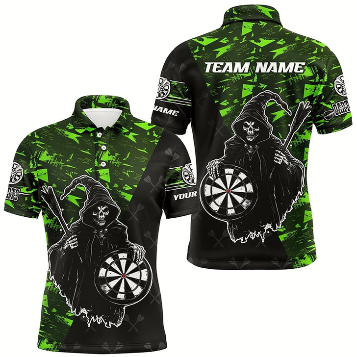 Goofygear Personalized Green Abstract Death Skeleton Men Darts Shirts, Funny Halloween Scary Darts Jerseys