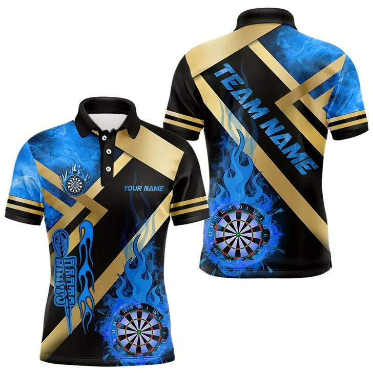 Goofygear Personalized Gold And Blue Dartboard Fire Flame Custom Darts Shirts For Men, Darts Team Jerseys