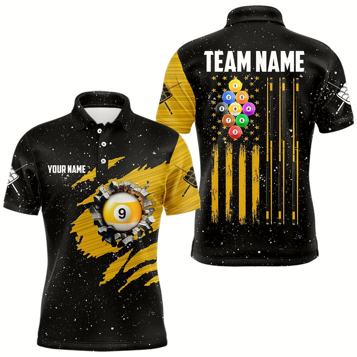 Goofygear Yellow Black Grunge American Flag 9 Ball Pool Men Billiard Shirt Custom 9 Ball Billiard Team Jersey