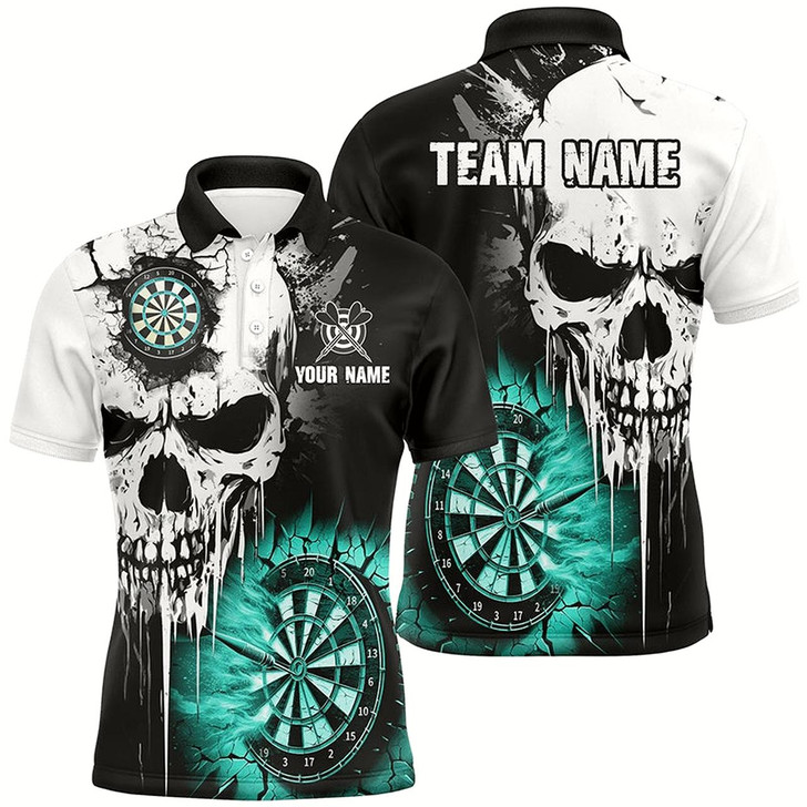 Goofygear Personalized Grunge Skull Crack Wall Men Dart Shirts Custom Darts League Team Jerseys Turquoise
