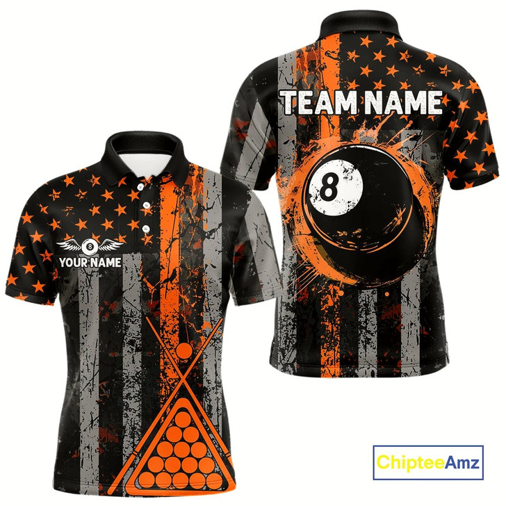 Goofygear Custom Orange Grunge Us Flag Patriotic Billiard Shirts For Men, Retro 8 Ball Pool Billiard Jersey Style 2