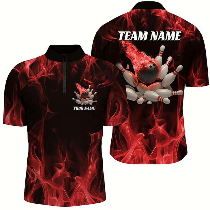 Goofygear Red Fire Bowling Ball And Pins Custom Shirts For Men , Flame Bowling Team Jerseys