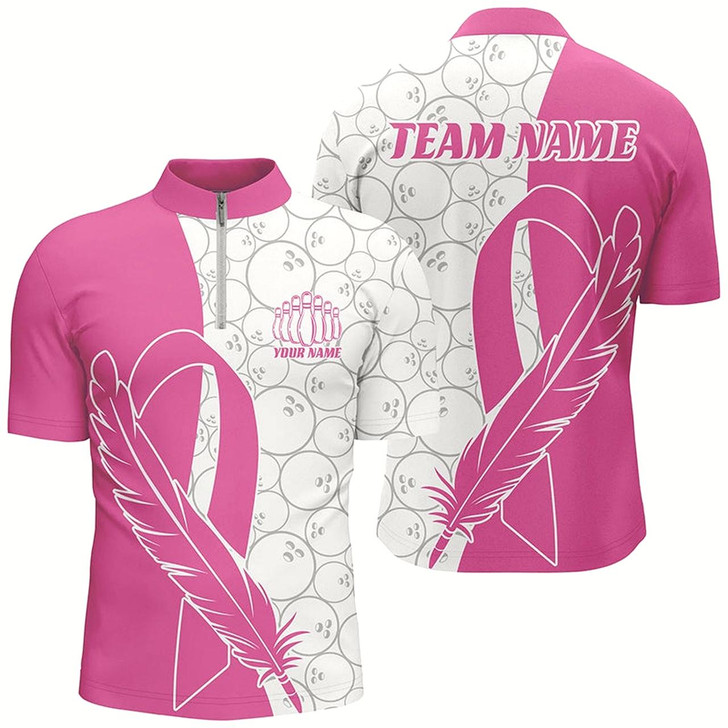 Goofygear Feather Pink Ribbon Breast Cancer Custom Bowling Shirts For Men , Pink Bowling Jerseys Style 3