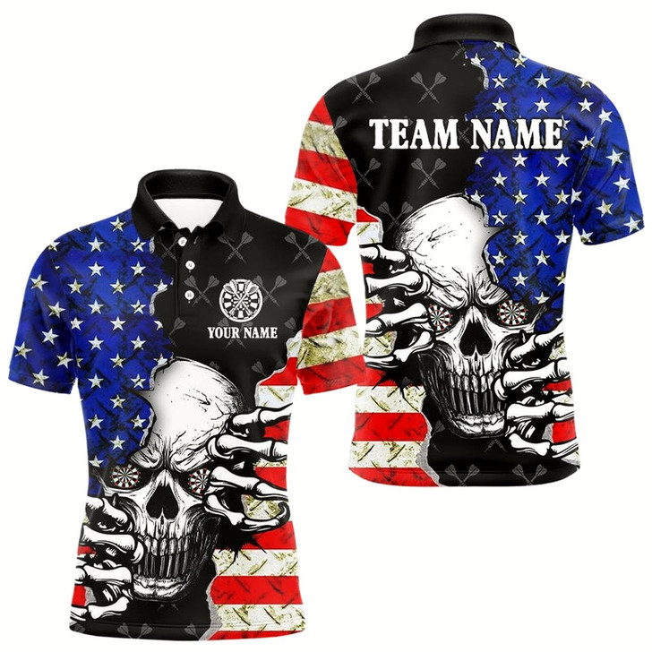 Goofygear Personalized American Flag Menacing Skull Dart Shirts For Men, Patriotic Cool Dart Team Jerseys
