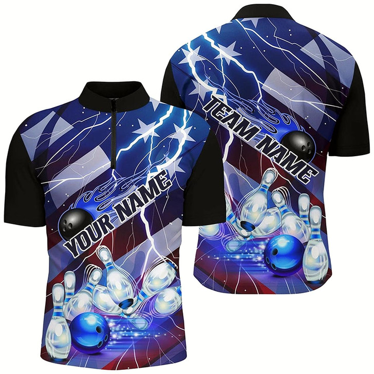 Goofygear Flame Bowling Ball Blue Lightning American Flag Custom Name Bowling Team Shirts For Men