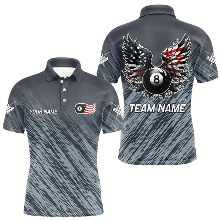 Goofygear Personalized Funny 8 Ball Wings Us Flag Grey Billiard Shirts For Men, Patriotic Billiard Jerseys